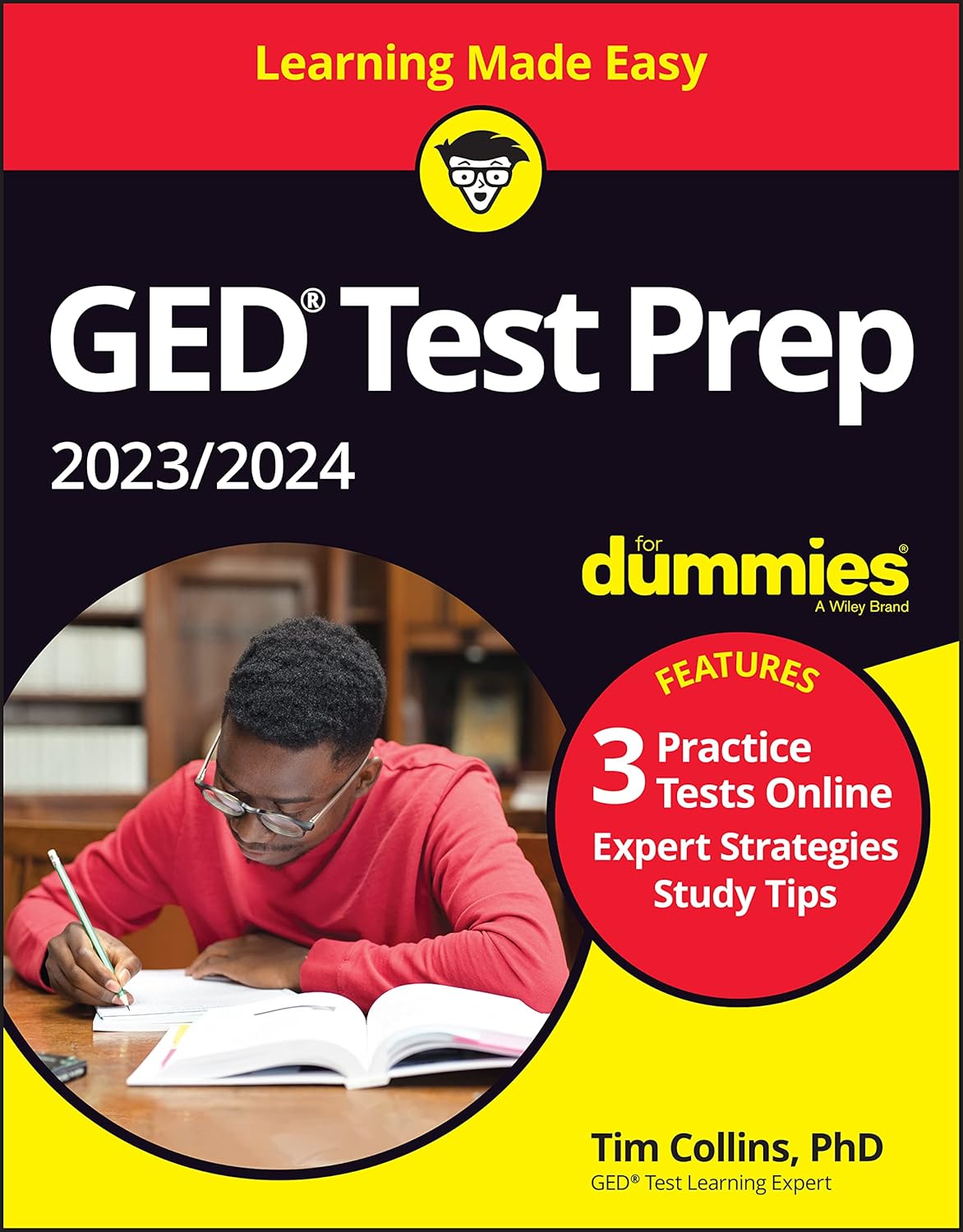 GED Test Prep 2023/2024 book by For Dummies with cover design and practice test details visible.