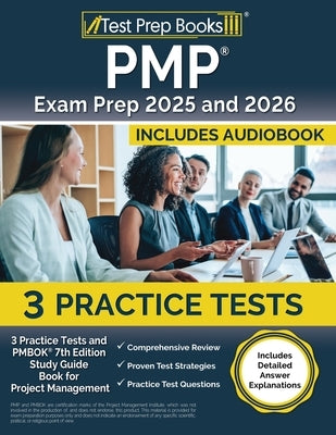 Paperback PMP Exam Prep 2025 and 2026 book by Test Prep Books with practice tests and PMBOK 7th Edition study guide.