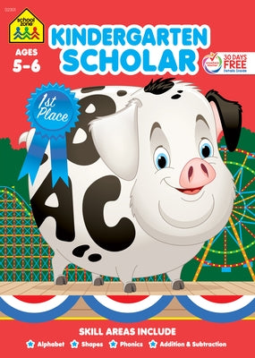 School Zone Kindergarten Scholar Workbook in paperback format featuring colorful pages and engaging activities for young learners.
