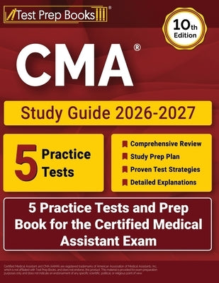 Paperback CMA Study Guide 2026-2027 by Test Prep Books featuring practice tests and exam prep for certified medical assistant exam