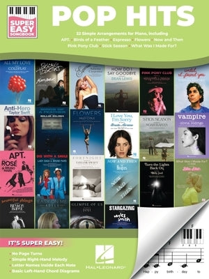 Paperback book "Pop Hits - Super Easy Songbook" by Hal Leonard, featuring simple arrangements and lyrics for popular songs.