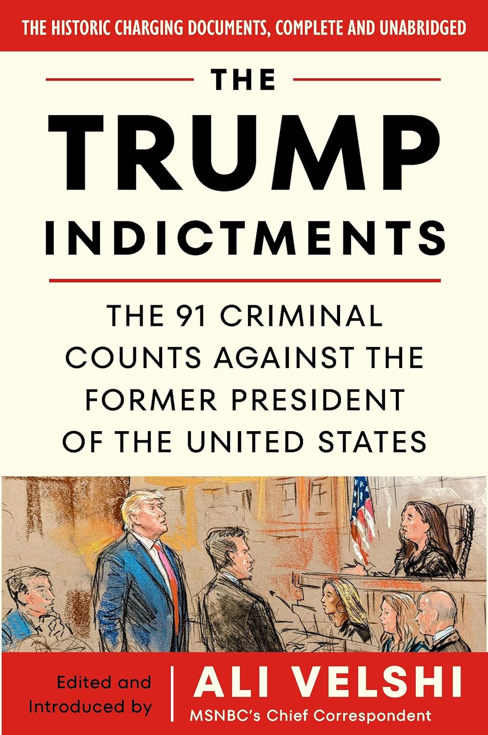 Paperback book cover of "The Trump Indictments" featuring 91 criminal counts against the former US president by Mariner Books.