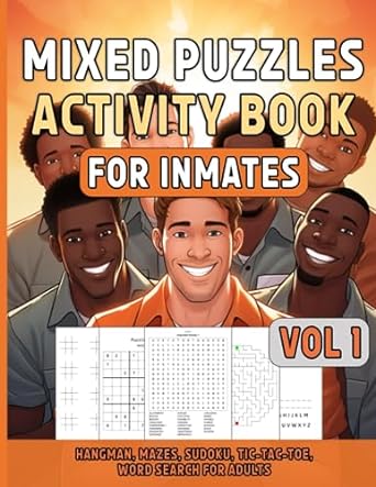 Mixed Puzzles Activity Book for Inmates Vol 1, paperback by SureShot Books, featuring hangman, Sudoku, and word search games.